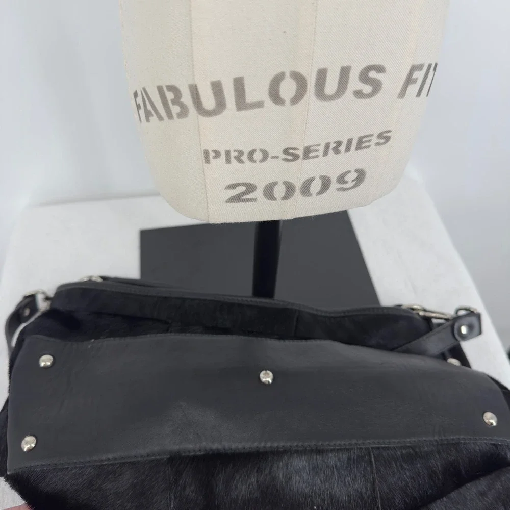 Gianni Chiarini Black Calf Hair Leather Hobo Bag Made in Italy Crossbody Large
